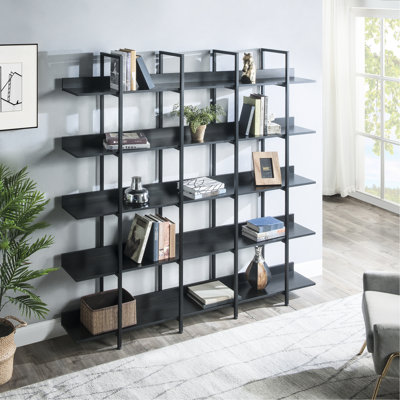 Bibliothèque à 5 niveaux avec look industriel rétro pour bureau personnel et acier, capacité de charge de 80 lb, dispositif de chute, capacité de bibliothèque ouverte facile à assembler par tablette, caractéristique