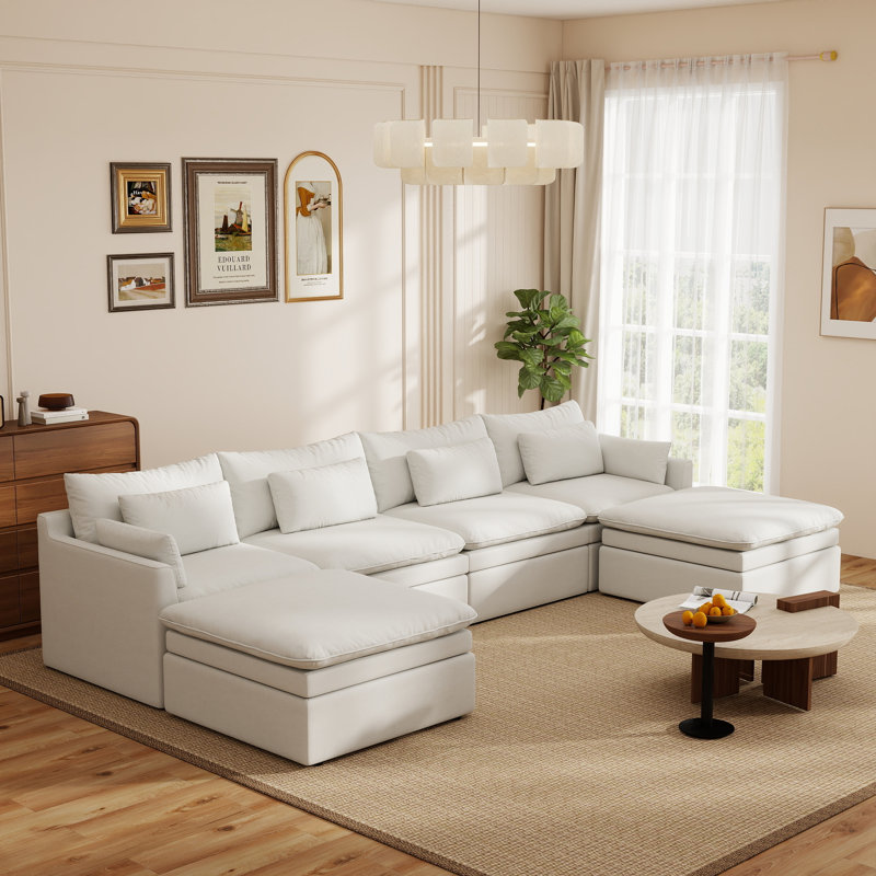 Canapé modulaire à double couche avec coussins en U et repose-pieds, 29.15" H x 156" W x 78" D, White Polyester Blend