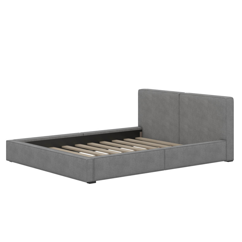 Grand lit tapissier au sol en velours, gris