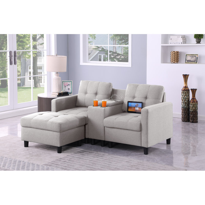 66.8" Upholstered Loveseat Sofa With Ottoman And Storage&Cup Holder& Usb Ports Stand Console, Light Gray