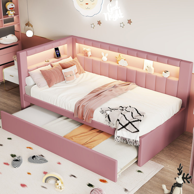 Lit plateforme tapissier avec ports USB et ceinture à DEL avec lit gigogne, Rose