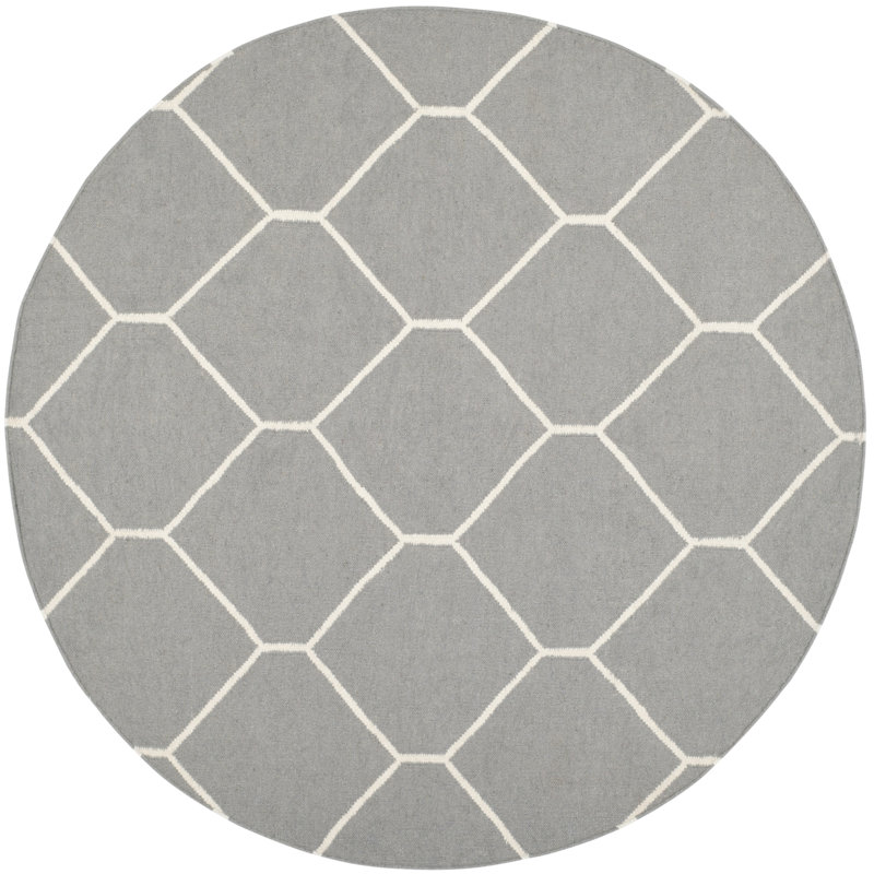 Rodgers Hand Woven Flat Weave Wool/Cotton Geometric Rug in Ivory/Gray, Round 6'