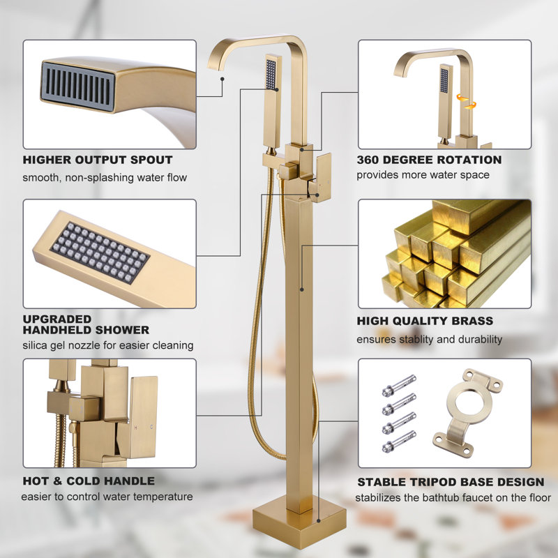 Gold Freestanding Tub Filler with Handheld Shower