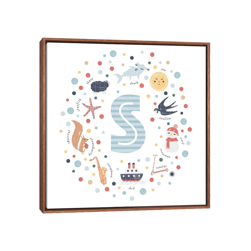 Lettre illustrée bleue - reproduction, Toile avec cadre brun, Pas de tapis, H 18 po x l 18 po x 1,5 po