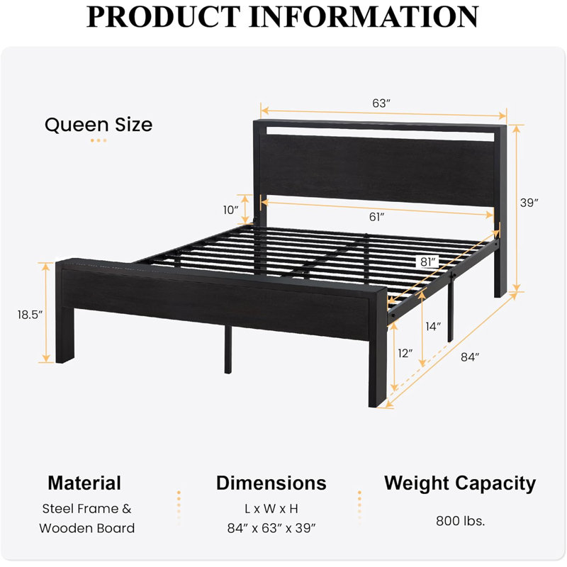 Black Oak Queen Metal Platform Bed Frame with Wooden Headboard