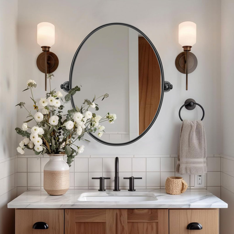 30" X 23" Oval Pivot Bathroom Mirror, Modern Farmhouse Metal Framed Vanity Mirror, Adjustable Tilting Mirror For Wall