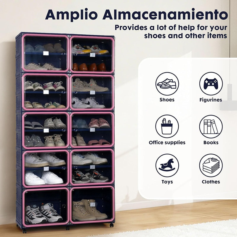 Grande armoire à chaussures pliante, étagère à chaussures en plastique facile à assembler avec porte magnétique transparente, range-chaussures à 9 niveaux, 36 paires, bleu et rose