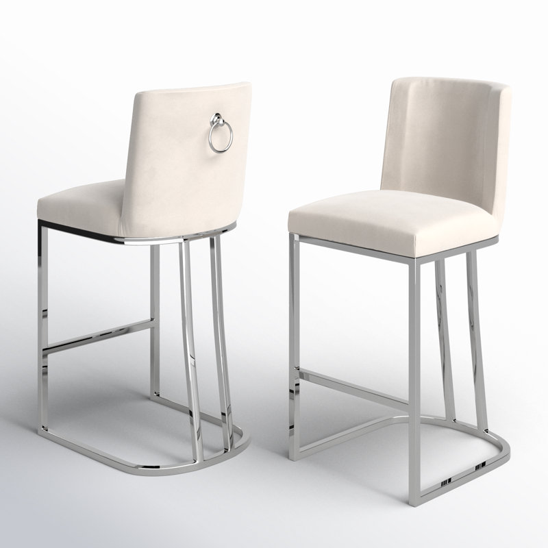 Aurrin Velvet Upholstered Bar & Counter Stool, Silver, Cream, Counter Stool (26” Seat Height)