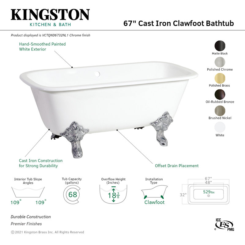 Kingston Brass Aqua Eden 67-Inch Cast Iron Rectangular Double Ended Clawfoot Tub (No Faucet Drillings), Polished Chrome