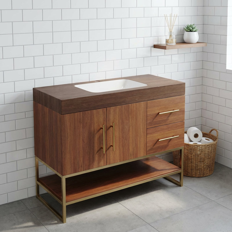 Meuble-lavabo autoportant de 36 pouces avec lavabo en céramique intégré et détails métalliques, Or / noyer, Brown