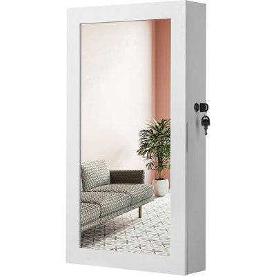 Lockable Jewelry Cabinet Armoire With Mirror, Wall-Mounted Space Saving Jewelry Storage Organizer, White