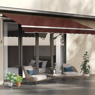 Auvent rétractable 12 pi x 8 pi pour le soleil. Manivelle manuelle. 280 g / m² et eau - tissu. Cadre en aluminium. Terrasse, balcon, cour. Auvent de protection solaire brun - manivelle, tissu, structure, étanchéité, cour,