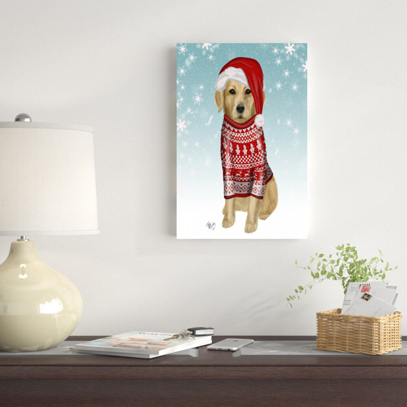 Golden Retriever In Christmas Sweater par Fab Funky - impression sur toile tendue, H 18 po x l 12 po