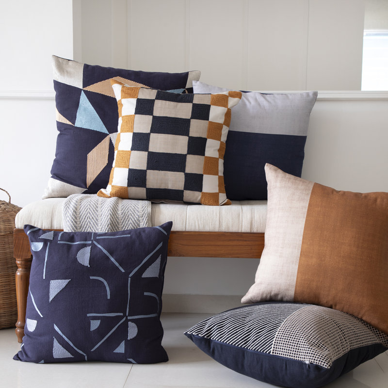Blue Ivory Beige Embroidered Cotton Blend Square Throw Pillow