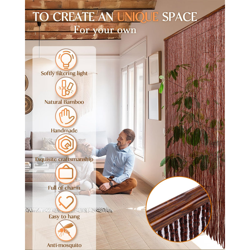 Rideau perlé 90 brins pour portes - 35,5 po x 79 po - Rideaux perlés naturels faits à la main Curt Rideau perlé en bois et bambou Boho