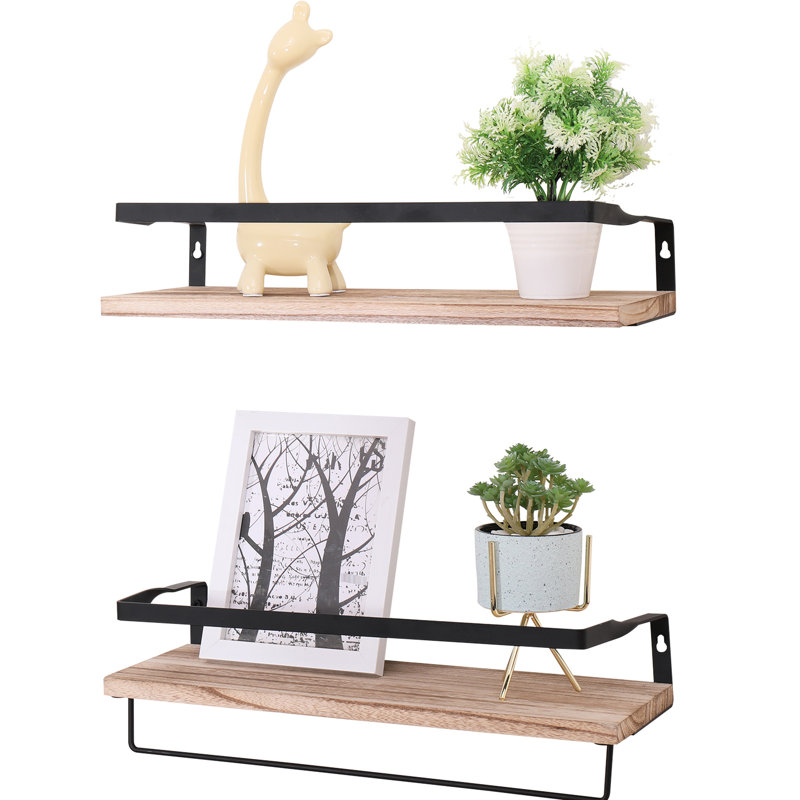 Of 2 Rustic Floating Shelves In Natural Wood - Wall Mounted With Brackets For Bedroom, Living Room, Kitchen, Bathroom Scrap