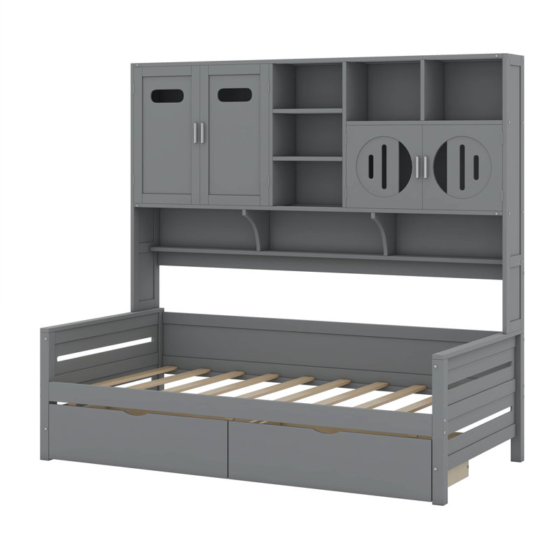  Chaille Wooden Daybed With 2 Drawers, And All-In-One Cabinet And Shelf, Gray, Twin