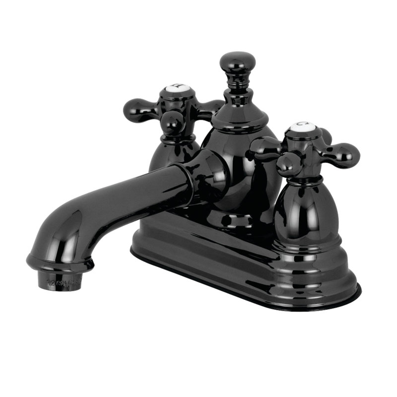 Kingston Brass Water Onyx Two-Handle 3-Hole Deck Mount 4" Centerset Bathroom Faucet with Brass Pop-Up, Black Stainless Steel