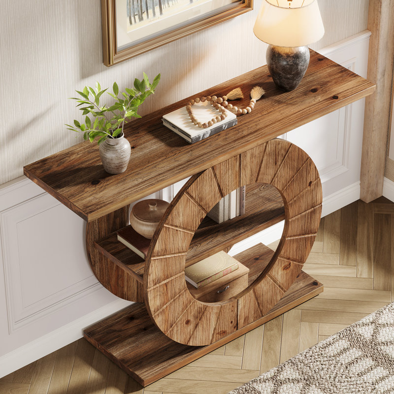 41" Solid Wood Console Table with Storage, 3-Tier Farmhouse Sofa Table with Carved Round Base
