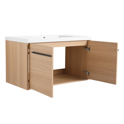 Oak 36 Inch Bathroom Vanity With Resin Sink, 2-Door Cabinet, Resists Chemicals, American - 2 Doors High-Performance And ,