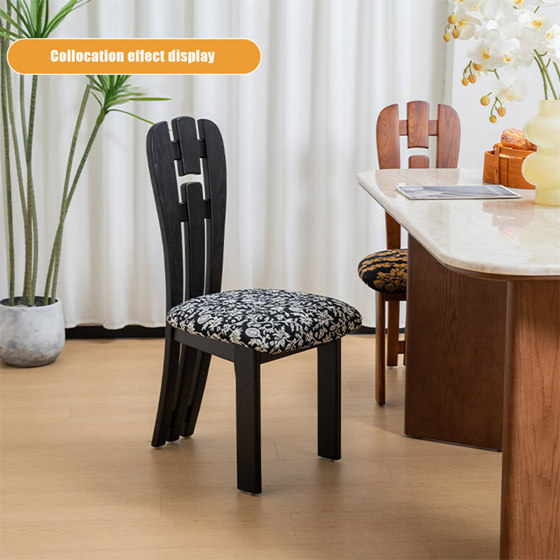 Chaise d'appoint noire à dossier solide (ensemble de 2), Motif floral blanc / noir, Noir
