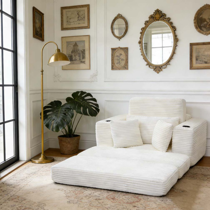 Modular 3-in-1 Sofa Bed for Reading, Living Room & Bedroom Corduroy Couch, Beige
