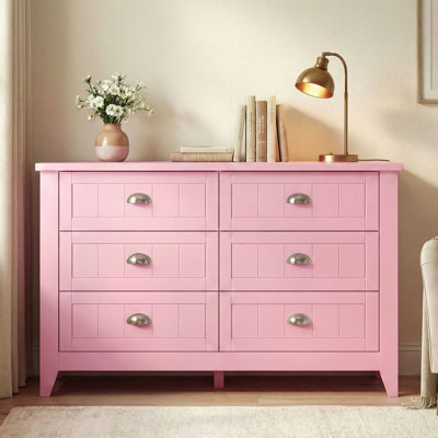 47.2" Morandi Pink 6-Drawer Dresser – Wide Storage Chest With Silver Cup Pulls, Shaker-Style Fronts, Soft Pastel Finish