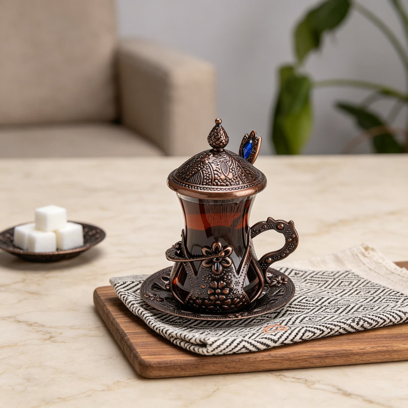 Ensemble de 6 verres à thé faits à la main avec couvercles et cuillères à thé en prime, motifs traditionnels en cuivre, verres à thé du Moyen-Orient élégants pour une expérience thé authentique