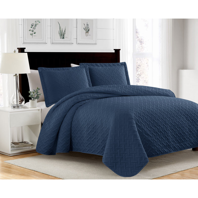 Ensemble de courtepointe , Courtepointe pour grand lit + 2 taies décoratives, Bleu marine