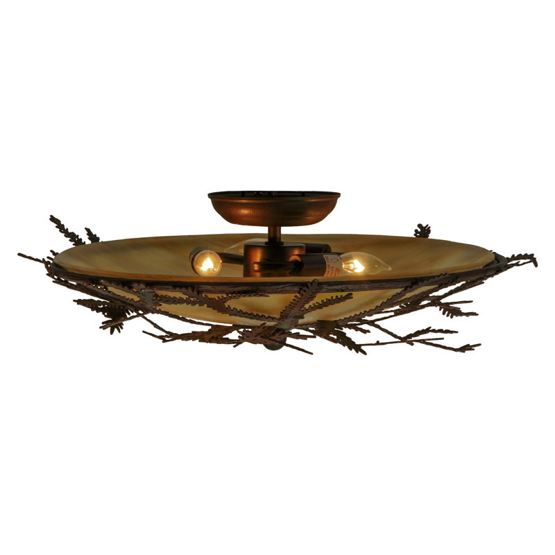 Rustic Bronze and Glass Pine Branch Flush Mount Light