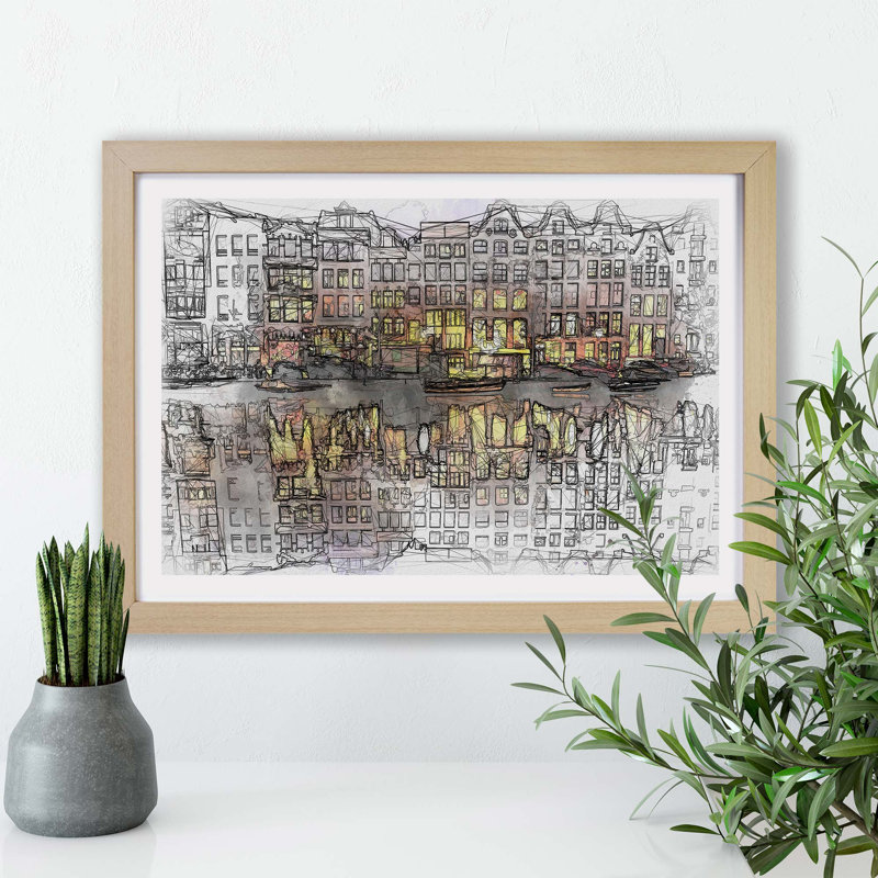 Amsterdam at Night - Framed Print, 33cm H x 45cm W x 2cm D, Oak