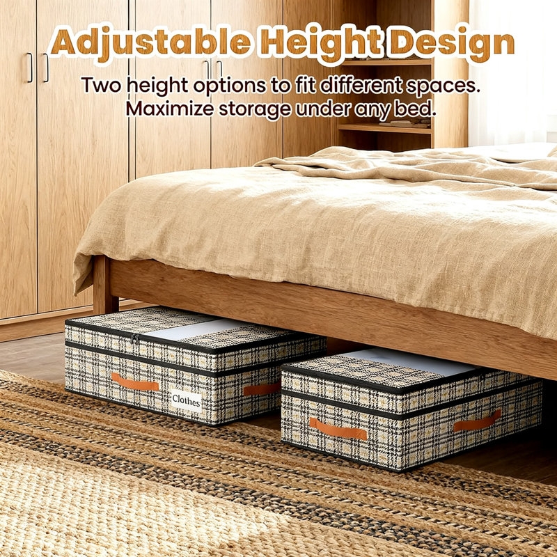 Tiroirs de rangement sous le lit avec roulettes, 6 sacs d'aspirateur, hauteur réglable, bac à couvercle transparent, Oxford 900D, économiseur d'espace pour chaussures de chambre à coucher, paquet de 2 (pied-de-poule)