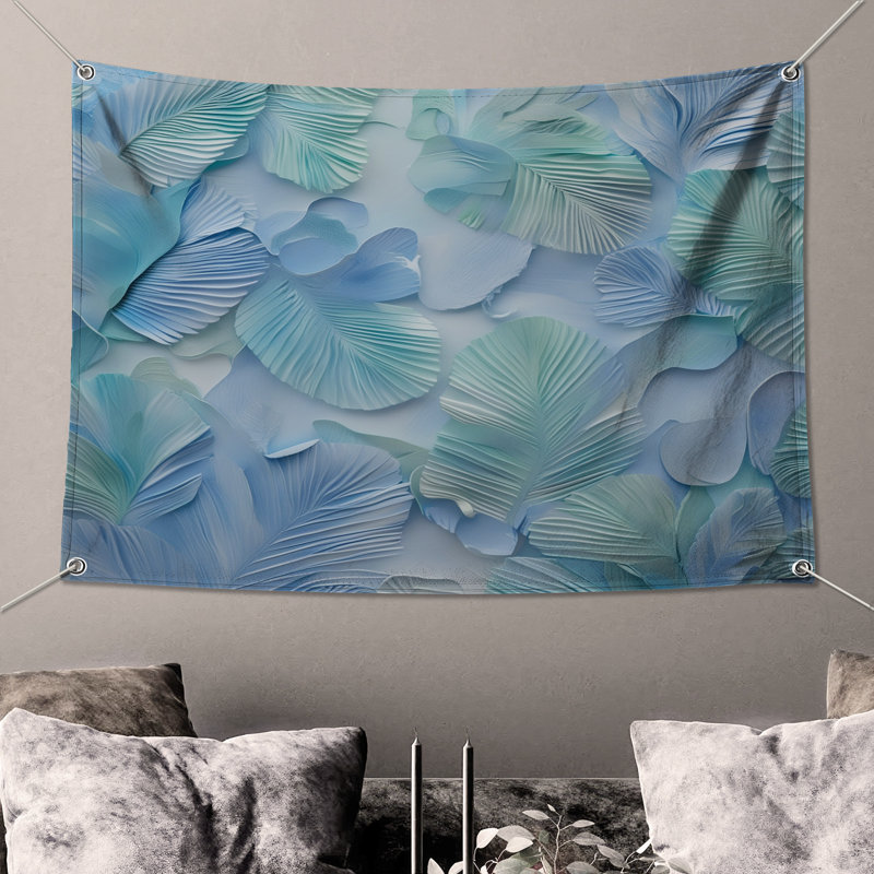 Tapisserie murale texturée feuilles bleues et vertes - décoration murale feuilles, H 68 po x l 80 po avec 4 œillets