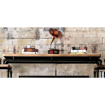 Pont de style industriel pour console de télévision, métal et bois avec structure inspirée des tuyaux, finition noire antique, hauteur de 7,32 po, pour installation de divertissement, profondeur de 70,21 po, installation simple