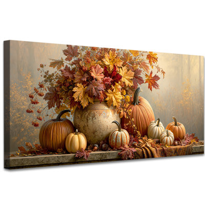 Automne, art mural sur toile, ferme rustique, automne, peinture, images, récolte, citrouille, vase, feuilles, œuvre pour le salon, chambre à coucher, décor à la maison, (16 po x 32 po)