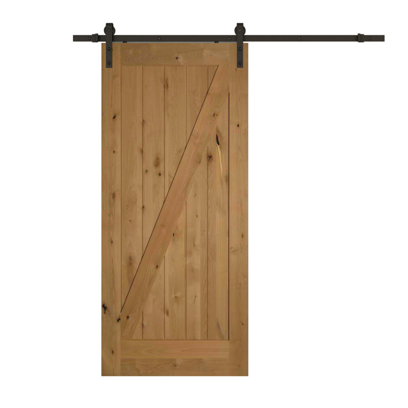 Porte de grange intérieure en Z non finie avec rail et quincaillerie Knotty Alder, Noir, 36 po x 84 po