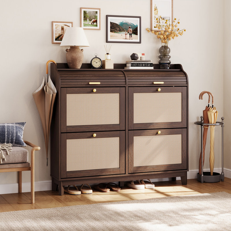 Rangement à chaussures en rotin avec tablettes réglables et pieds en bois massif, étagère à chaussures Boho, Bois brun foncé