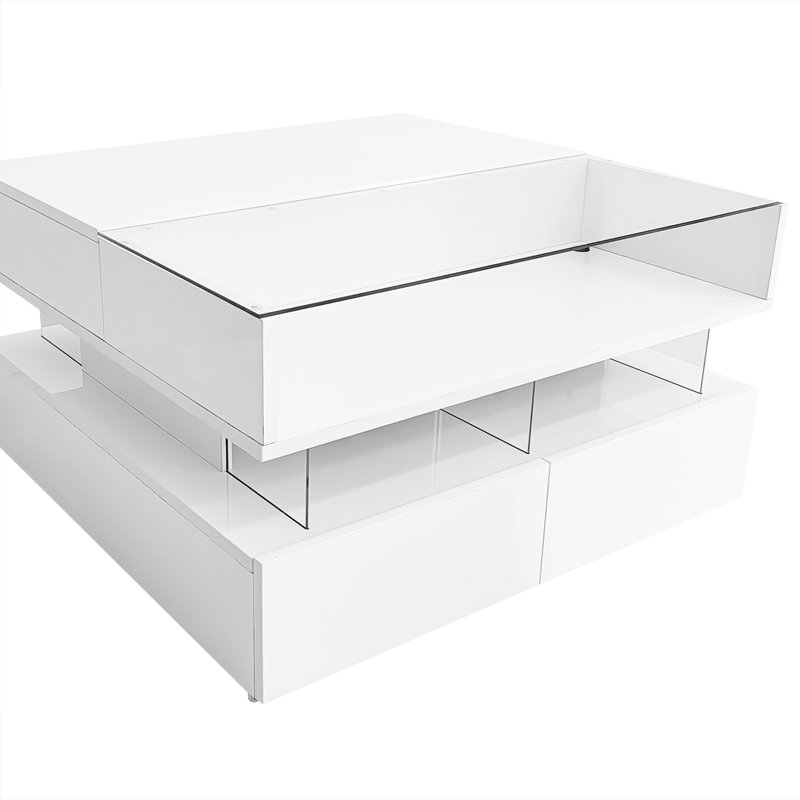 Lift-Top Coffee Table with 2 Drawers, Modern Square Design with Glass Top and High-Gloss Finish, Hidden Storage and LED Lights for Living Room