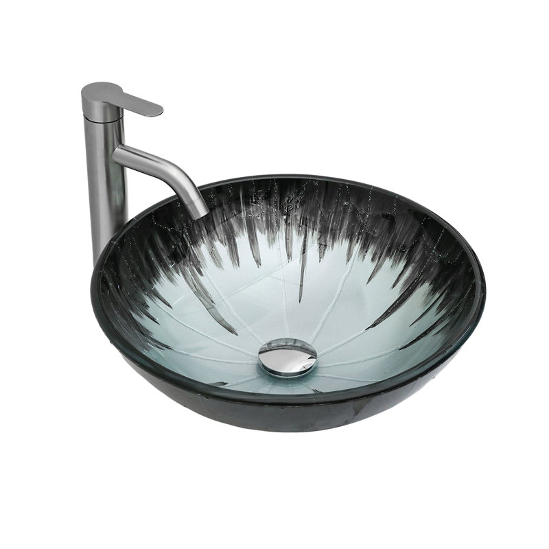 Artistic Gray Crackle Tempered Glass Vessel Sink With Pop-Up Drain