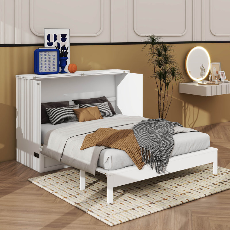Lit escamotable pratique avec tiroir de rangement dissimulé intégré, Lit double, Blanc