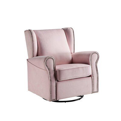 Pink Glider Swivel Chair, Fabric Upholstery, Solid Wood & Composite Base, Pocket Coil High Density Foam Seating, Removable Cushion, 360 - Degree Swivel, Nailhead Trim, 20 Inch Seat Upholstered And