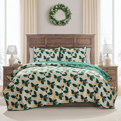 Hallmark Green Poinsettia 3-Piece Holiday Quilt Set, Full/Queen