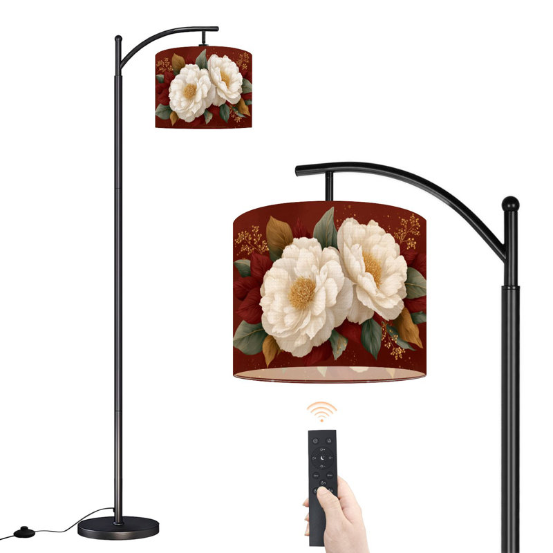 Lampe sur pied à arc floral avec abat-jour réglable pivoines romantiques, lampe sur pied à lumière ambiante subtile, 3 températures de couleur, gradateur haut avec interrupteur au pied pour la chambre à coucher