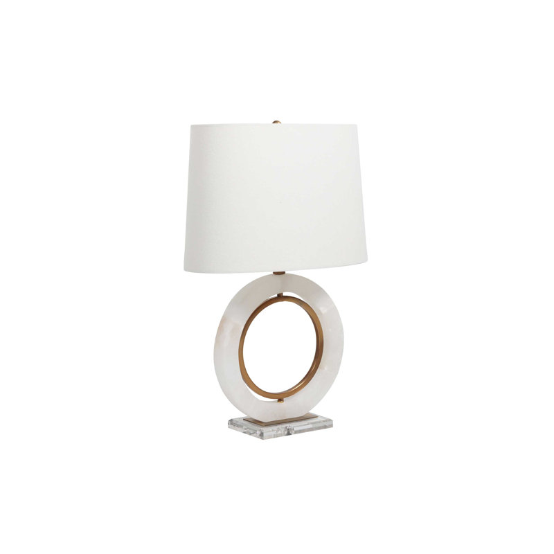 White Alabaster and Brass Ring Table Lamp with Oval Shade
