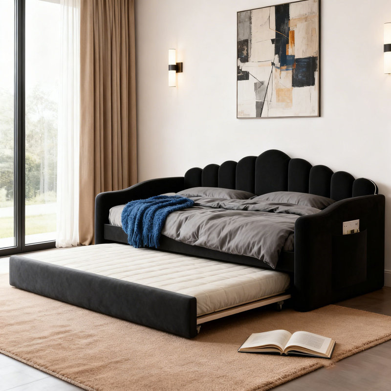 Upholstered Daybed with Trundle ,Velvet Sofabed with USB Charging Ports, Black
