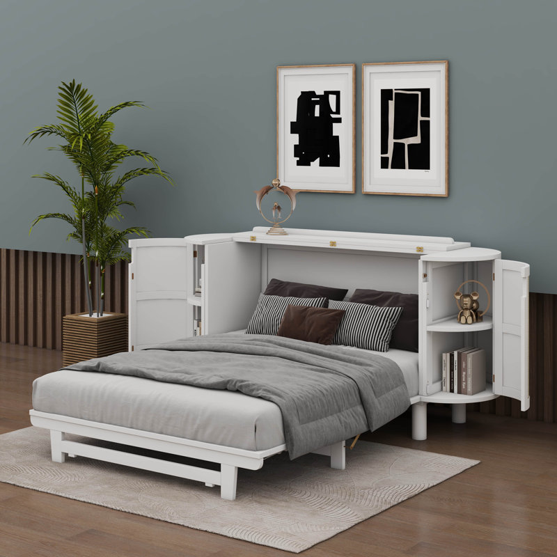 Murphy Bed With Hidden Storage & Modern Woven Design, White, Queen