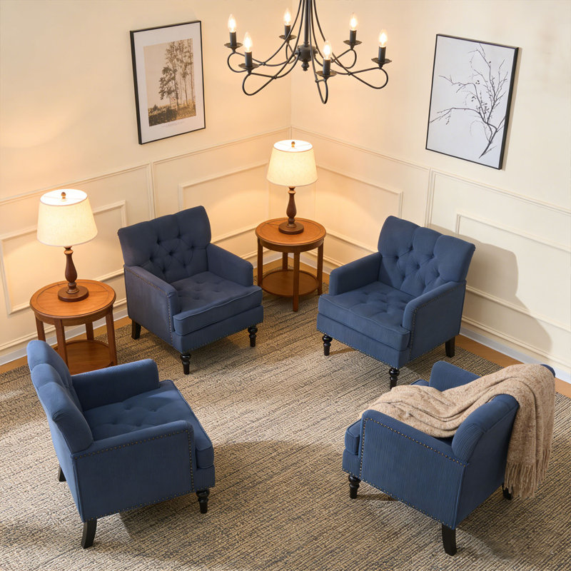 set of 4 Mid Century Modern Corduroy Club Chair - Tufted Button Accent Armchair with Studded Detailing for Living Room, Bedroom, Reading Nook