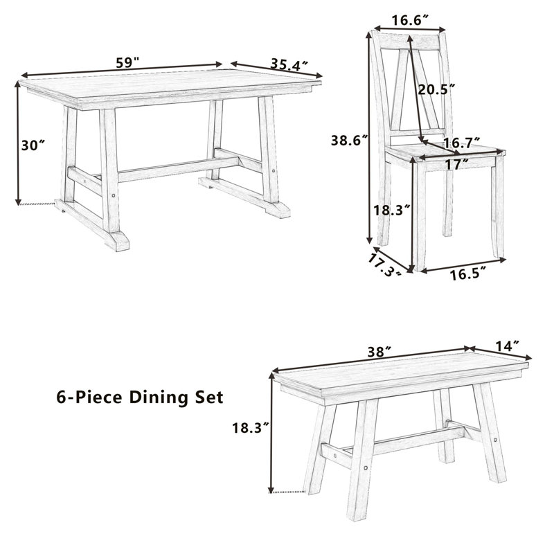 Farmhouse Style 6-Piece Dining Set with Multifunctional Bench, Walnut;Gray