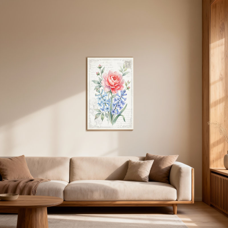 Plantes et fleurs roses et bleues, H 18 po x l 12 po