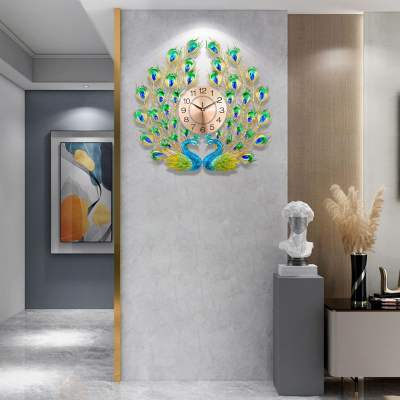 Grande horloge murale paon avec mouvement silencieux, conception créative de style Mid-Century moderne pour le salon, la chambre à coucher et la salle à manger